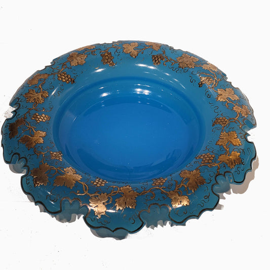 Antique Silver Inlaid Blue Opaline Glass Dish