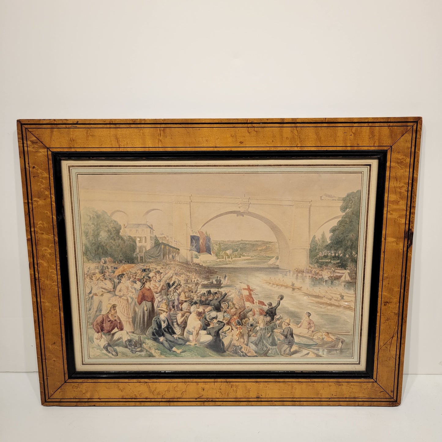 Signed French Watercolor Painting of Canoe Race