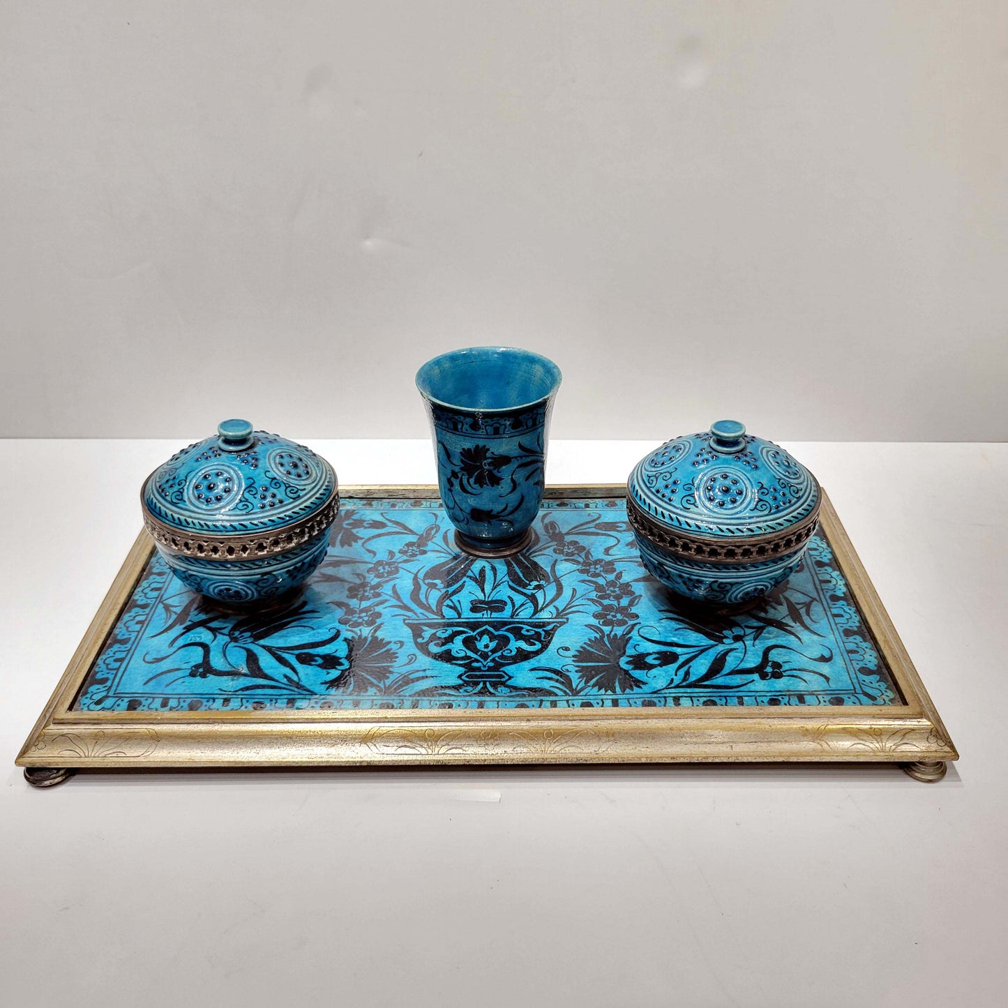 Wonderful Islamic Style French Ceramic and Bronze Inkwell.