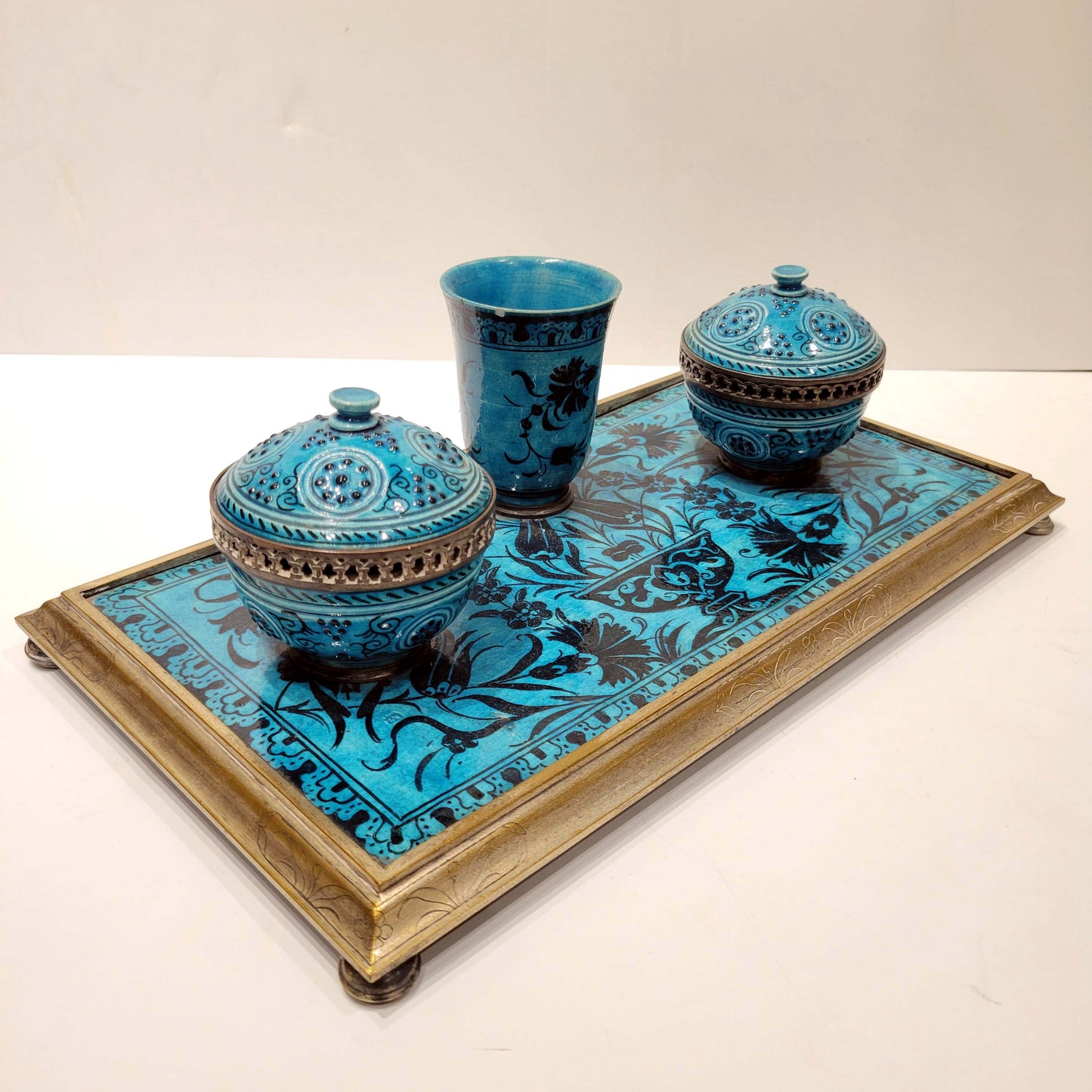 Wonderful Islamic Style French Ceramic and Bronze Inkwell.