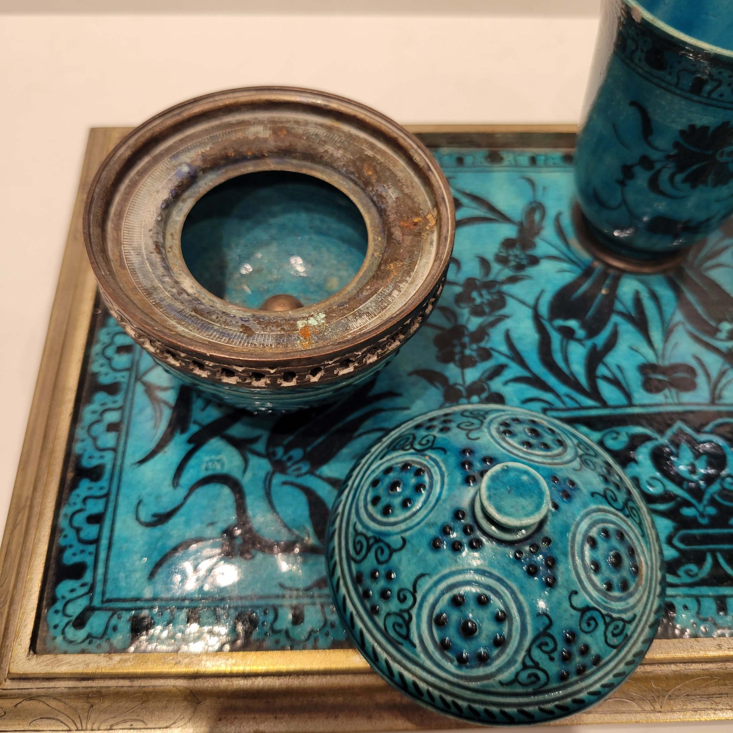 Wonderful Islamic Style French Ceramic and Bronze Inkwell.