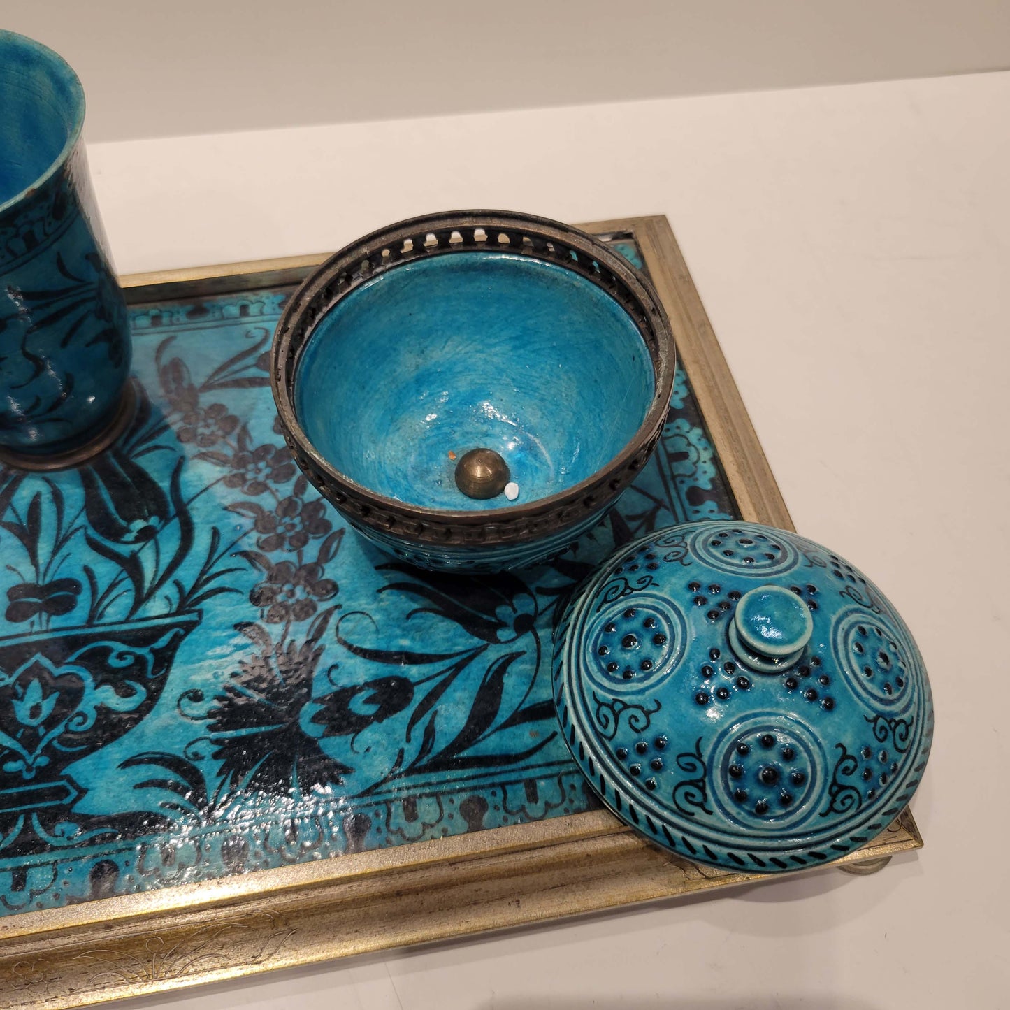Wonderful Islamic Style French Ceramic and Bronze Inkwell.