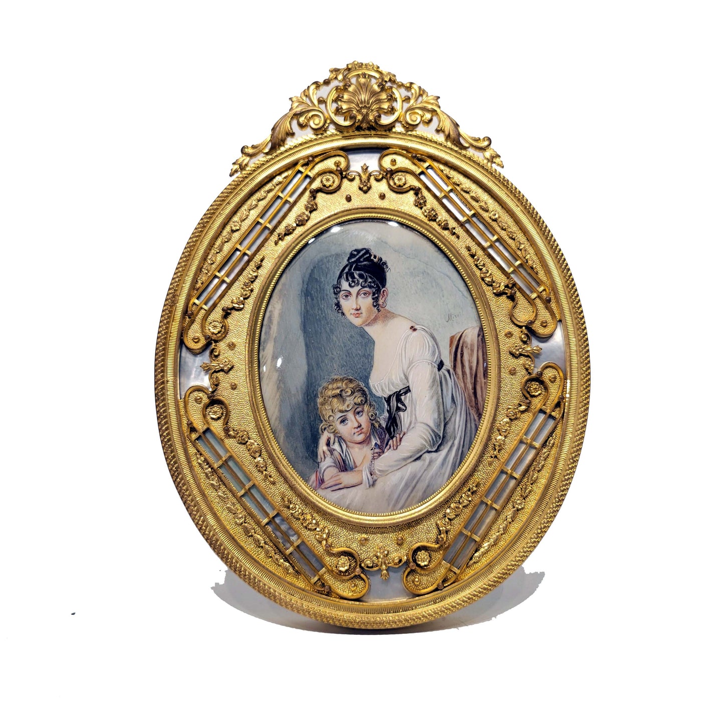 Miniature Painting in Gilt Bronze and MOP Frame