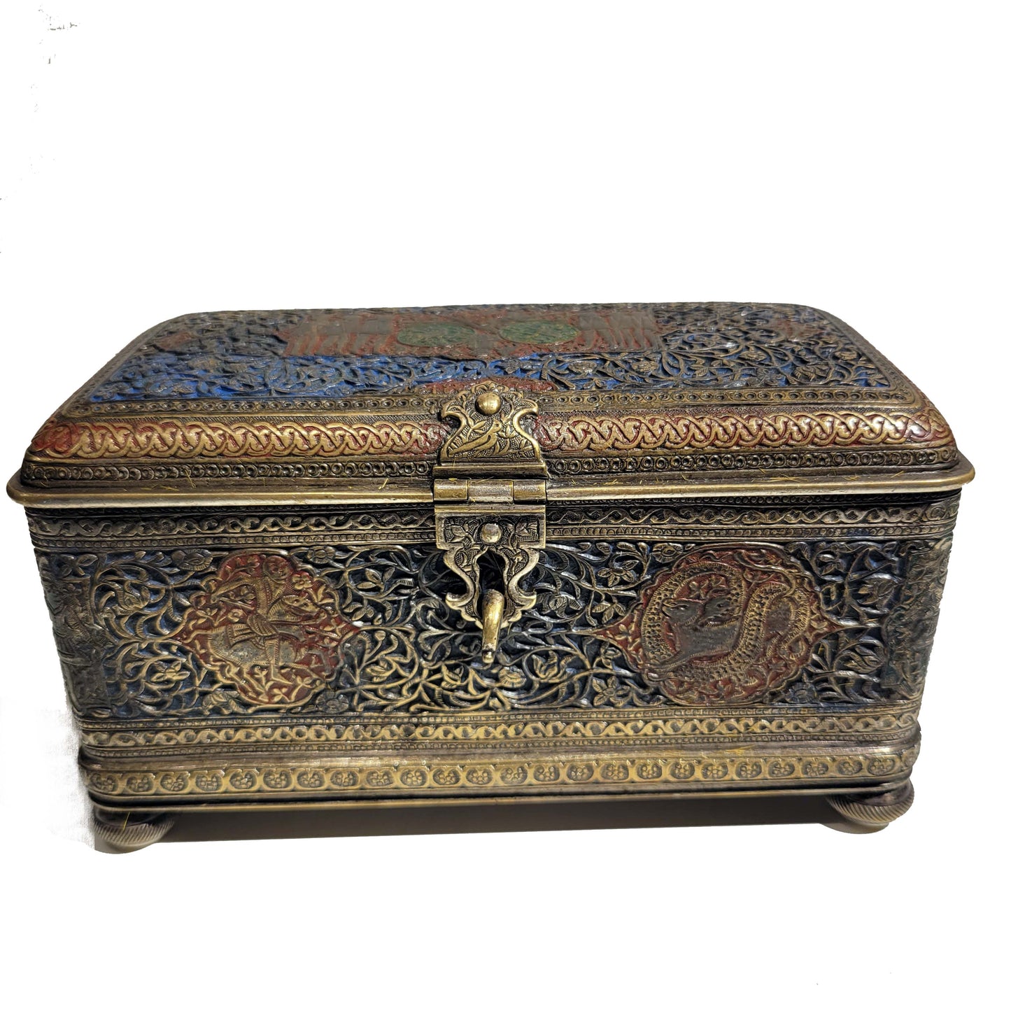 Islamic, Safavid Style Enamel Bronze Casket 19th Century