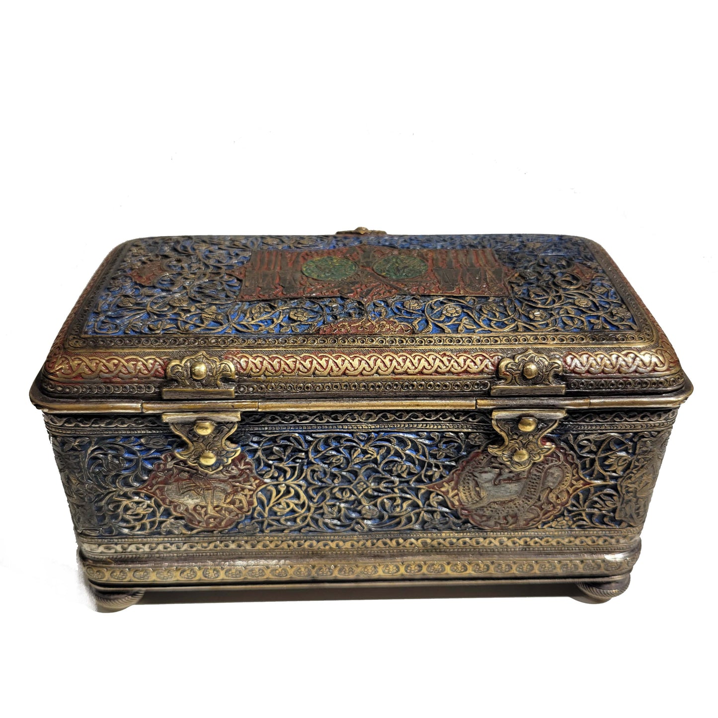 Islamic, Safavid Style Enamel Bronze Casket 19th Century