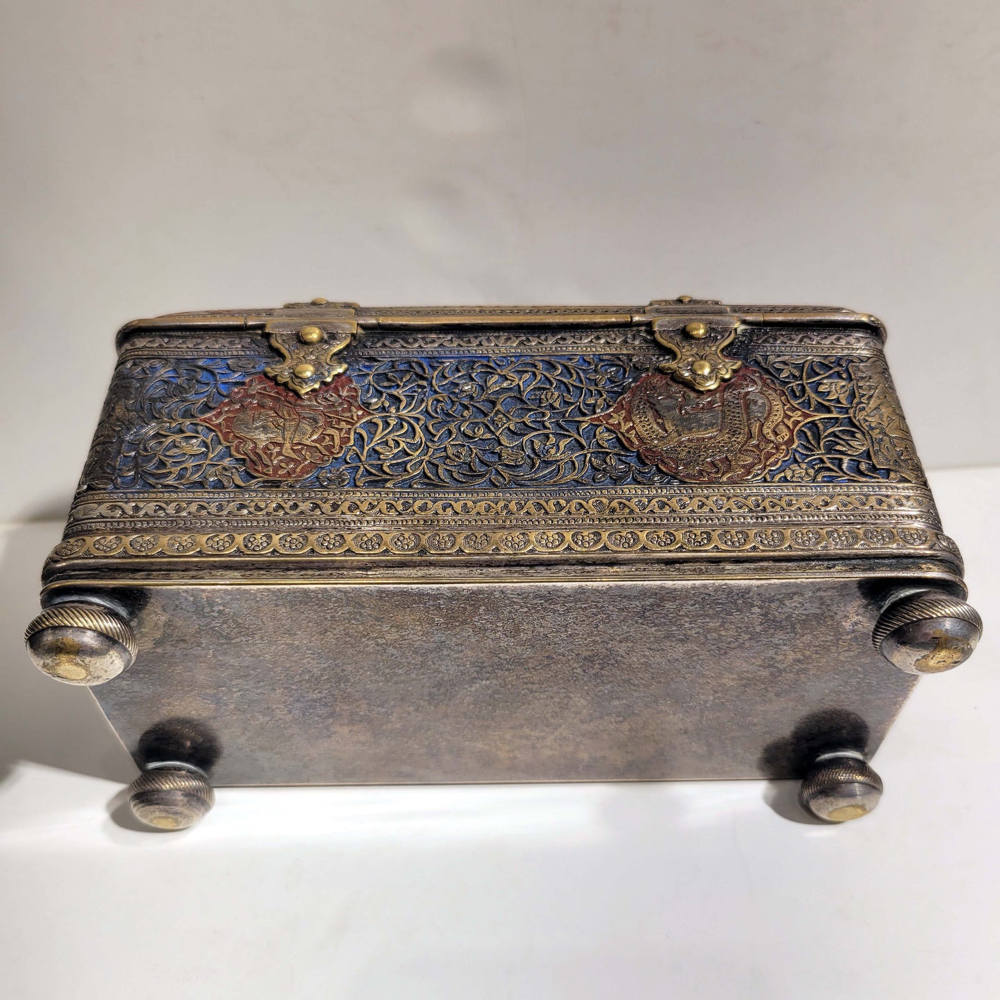 Islamic, Safavid Style Enamel Bronze Casket 19th Century