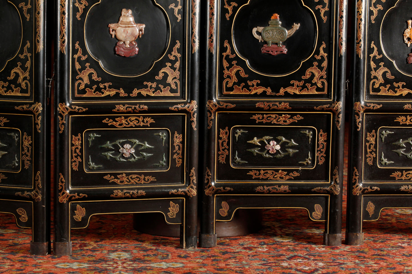 Antique Chinese Lacquer And Hardstone 6 Panel Screen