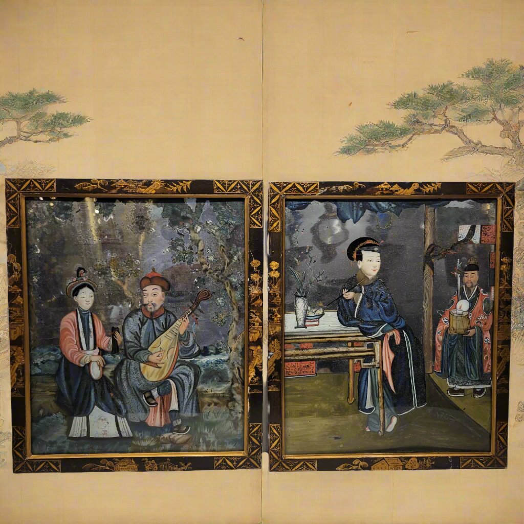 Pair of Chinese Export Reverse Glass Paintings, Qing Dynasty, 18th Century