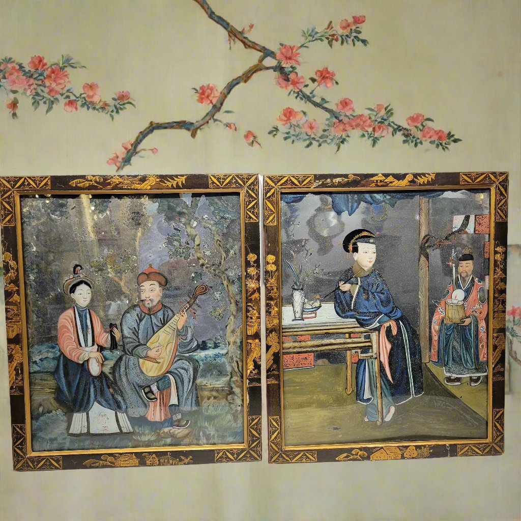 Pair of Chinese Export Reverse Glass Paintings, Qing Dynasty, 18th Century