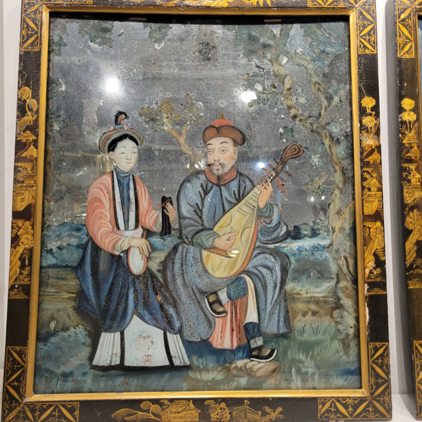 Pair of Chinese Export Reverse Glass Paintings, Qing Dynasty, 18th Century