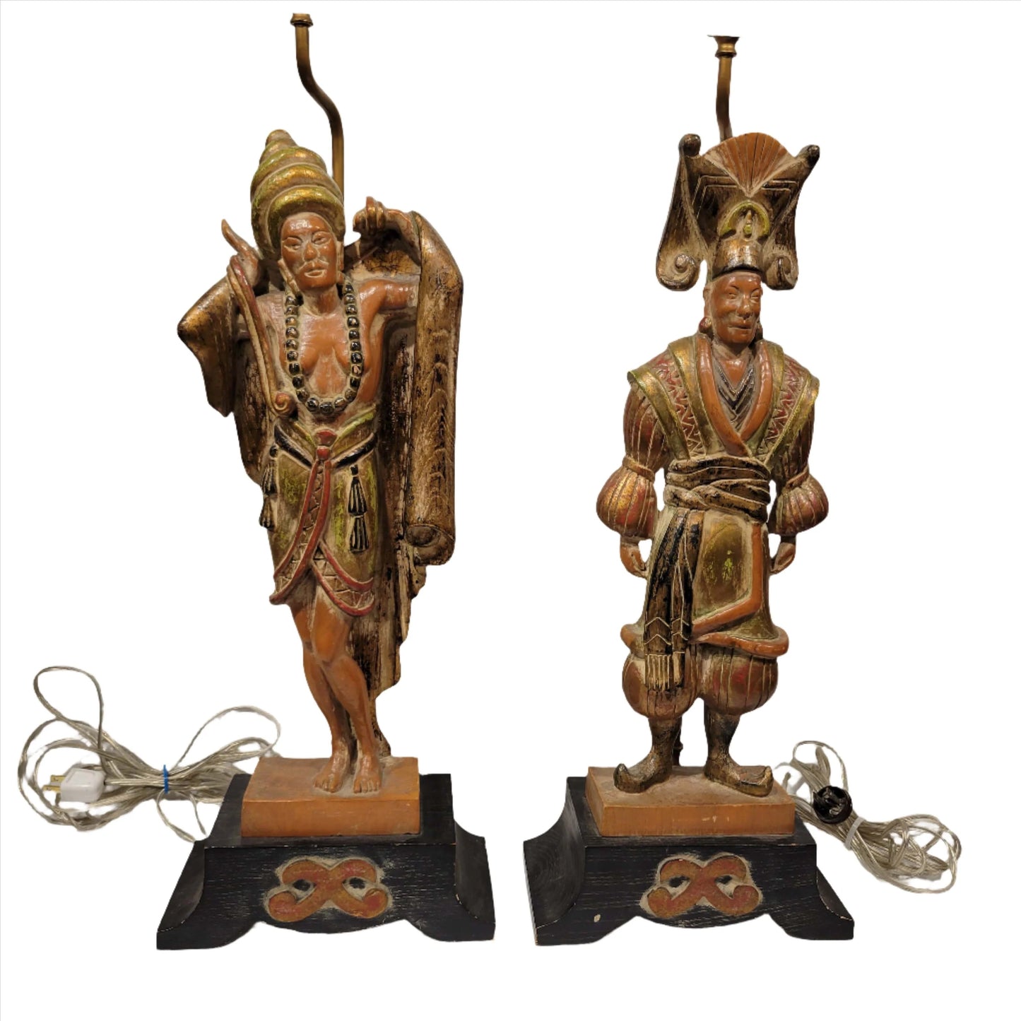 Pair of Asian Inspired Carved Wood Table Lamps by Stasack