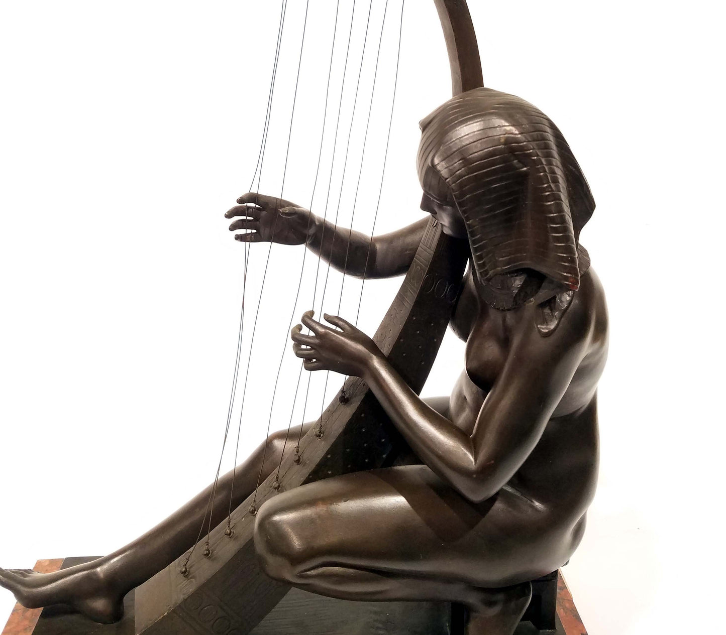 Egyptian Revival Grand Tour Bronze of Maiden Playing a Harp